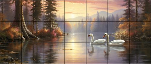 two swans swimming on a lily-covered pond – romantic nature ceramic tile mural